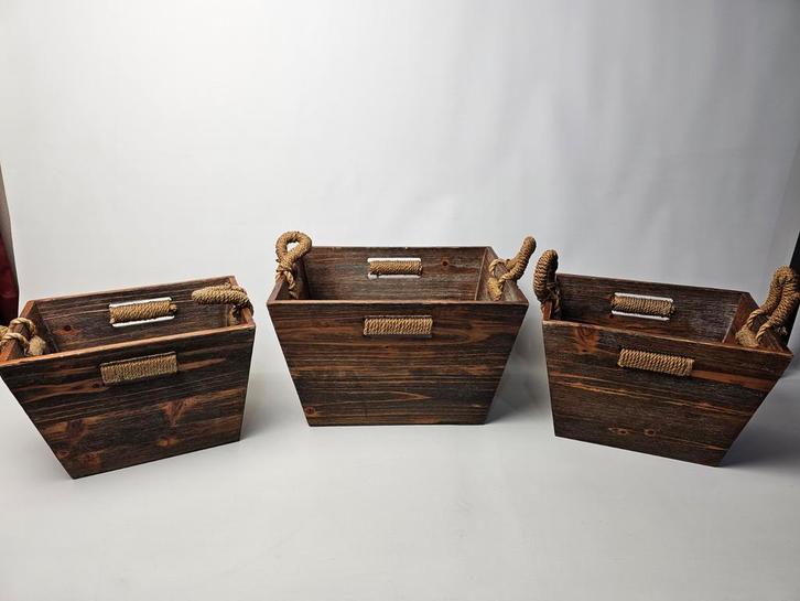 # 3 Aziatische Houten Bakken Set met Sisaltouw. Set 1, Tuin en Terras, Bloembakken en Plantenbakken, Zo goed als nieuw, Hout, Binnen