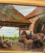 Schilderij Boerderij met Paarden, Antiek en Kunst, Ophalen of Verzenden