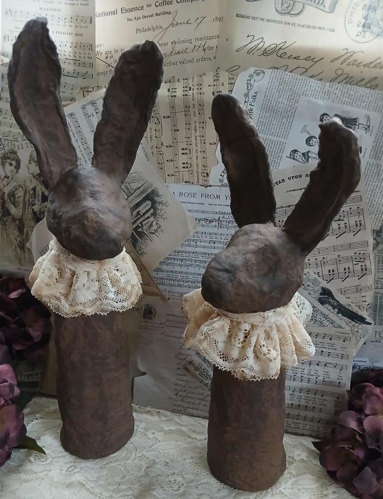 Prachtige set brocante wattenpop Paaskonijnen Primitief kant, Diversen, Ophalen of Verzenden