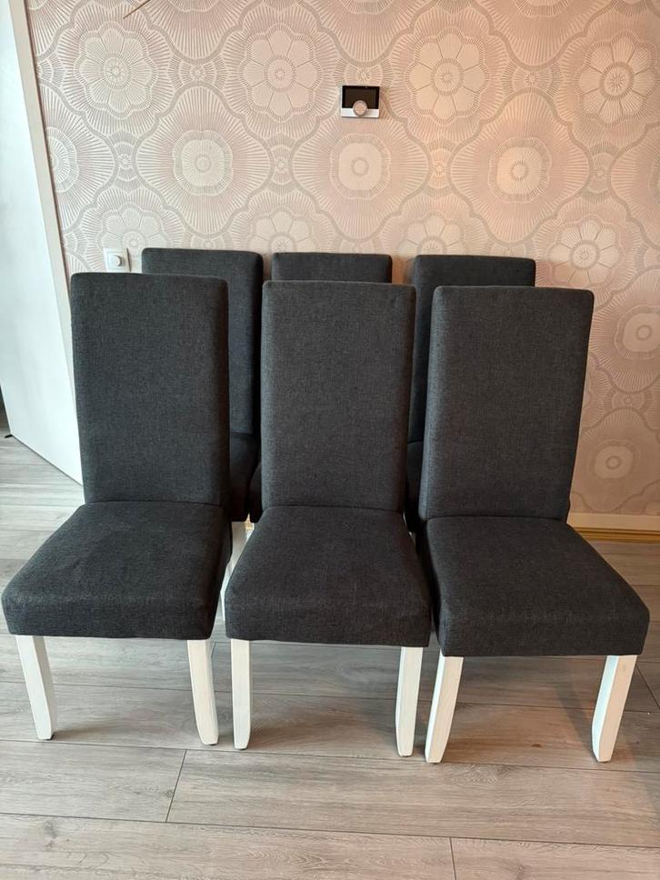 6 grijze eettafel stoelen, Huis en Inrichting, Stoelen, Zo goed als nieuw, Vijf, Zes of meer stoelen, Stof, Grijs, Ophalen