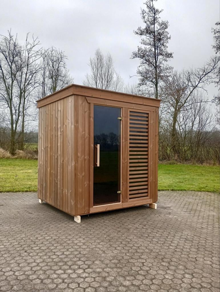 Duurzaam thermohouten panorama buitensauna gemonteerd, Sport en Fitness, Sauna, Nieuw, Complete sauna, Fins of Traditioneel, Ophalen