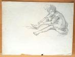 A493-38 Oude tekening Meisje zittend op grond, Ophalen of Verzenden