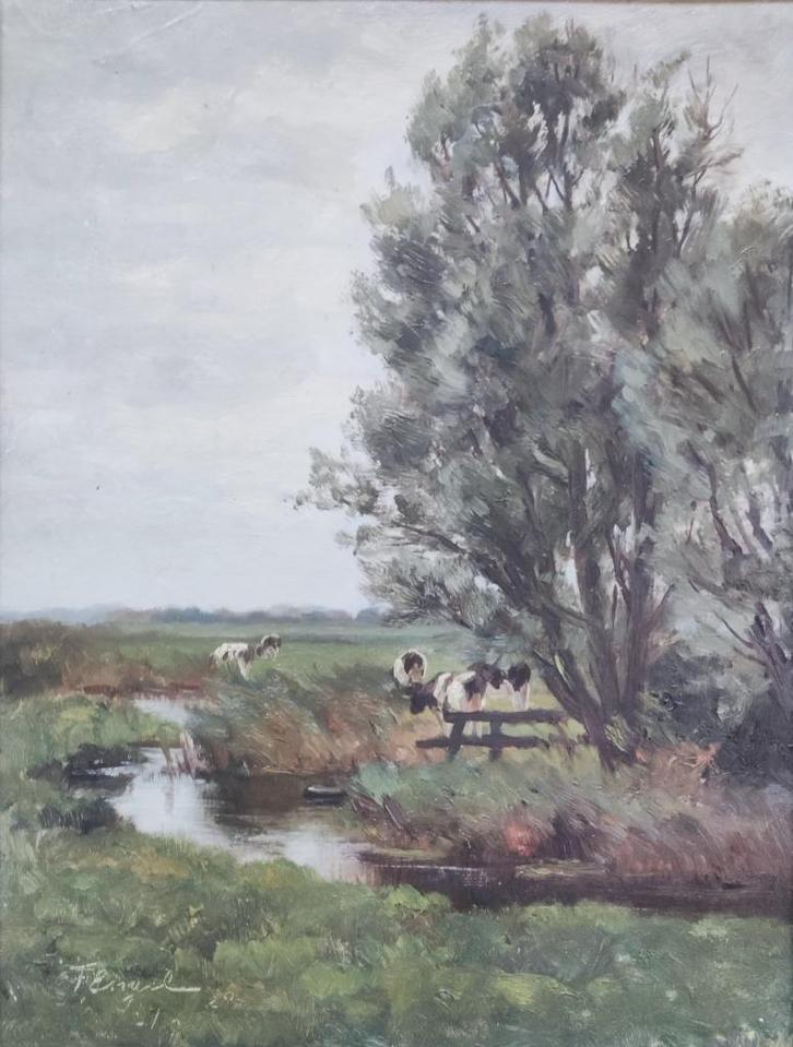 Frederik Engel (1872-1958) - Landschap met koeien, Antiek en Kunst, Kunst | Schilderijen | Klassiek, Ophalen of Verzenden