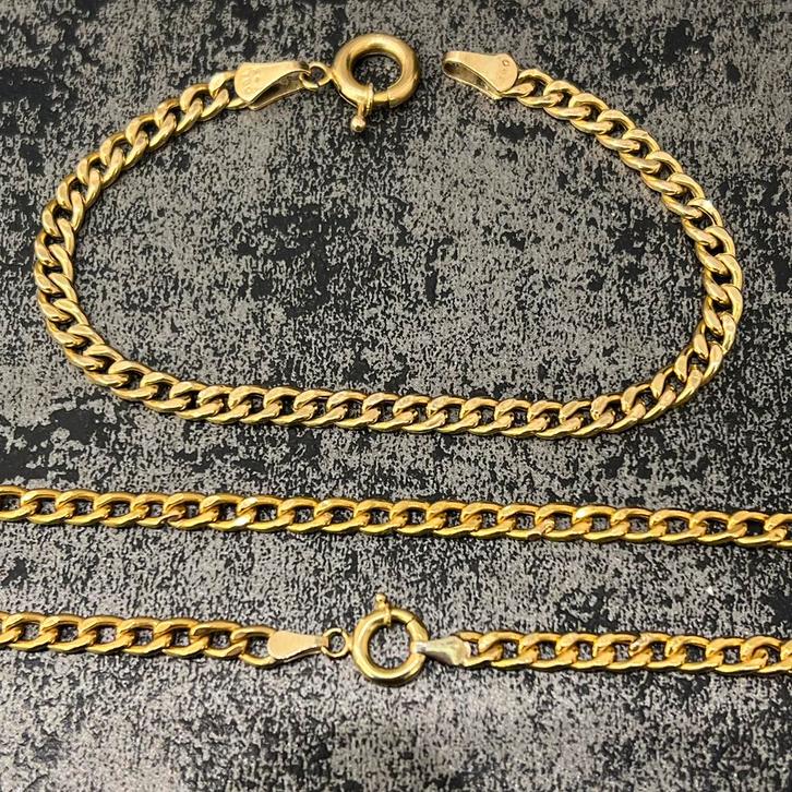 18 karaat gouden ketting met armband set cuban schakel, Sieraden, Tassen en Uiterlijk, Kettingen, Nieuw, Goud, Ophalen of Verzenden