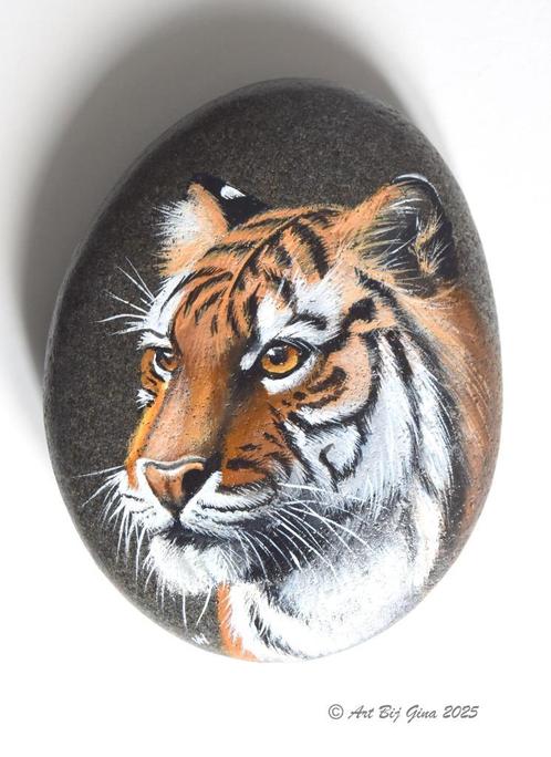 Tijger hand geschilderd op een riviersteen, Antiek en Kunst, Kunst | Overige Kunst, Ophalen of Verzenden