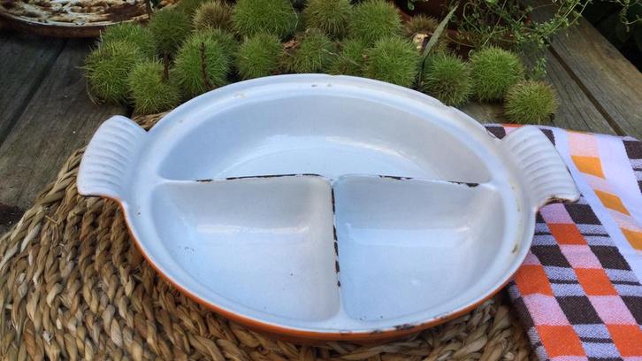 Vintage DRU drievakschaal gietijzer / oranje gevlamd, Huis en Inrichting, Keuken | Potten en Pannen, Gebruikt, Overige typen, Gietijzer