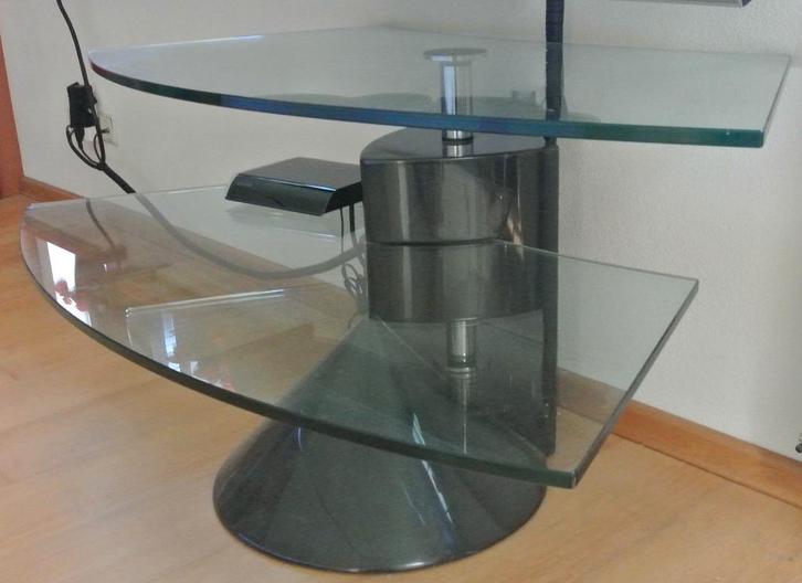 Glazen design hoektafel, Huis en Inrichting, Tafels | Bijzettafels, Gebruikt, Overige vormen, 45 tot 60 cm, 75 cm of meer, Glas