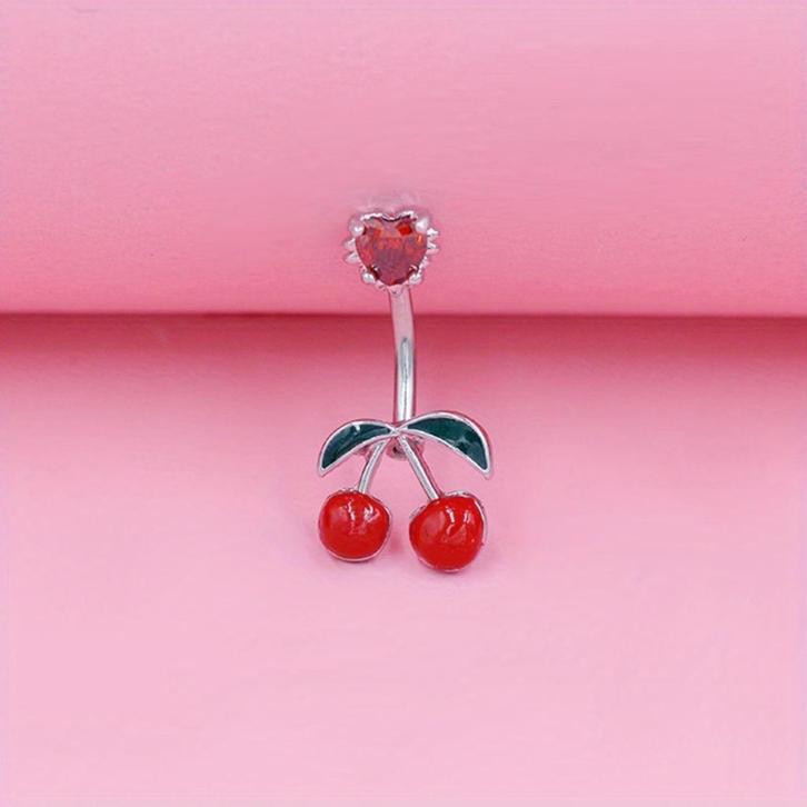 Kersen Navelring – Roestvrij Staal met Rode Zirkonia, Sieraden, Tassen en Uiterlijk, Piercings, Nieuw, Navelpiercing, Staal, Met strass