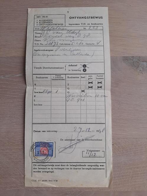 ontvangstbewijs inname Distributie stamkaart Walcheren 1948, Verzamelen, Militaria | Tweede Wereldoorlog, Overige soorten, Overige typen