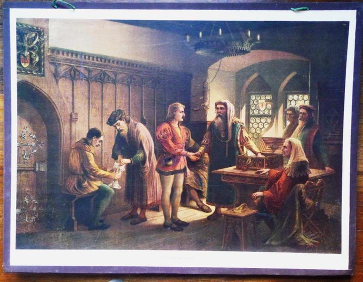 Middeleeuwse gildescène (promotie meester-ambachtslieden), Antiek en Kunst, Antiek | Schoolplaten, Geschiedenis, Ophalen of Verzenden