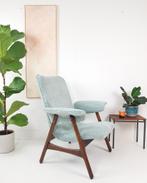Vintage fauteuil teakhout licht blauwe ribstof nieuw, Modern vintage, Hout, Blauw, .