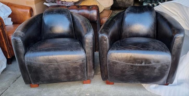 2x Aviator fauteuil vintage zwart leer + BEZORGING GRATIS, Huis en Inrichting, Fauteuils, Gebruikt, Leer, 50 tot 75 cm, 75 tot 100 cm