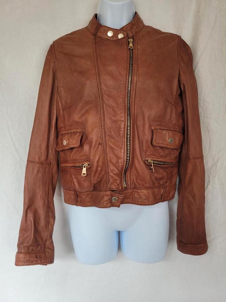 Stoere bruine leren jas mt M merk Massimo Dutti, Kleding | Dames, Jassen | Winter, Zo goed als nieuw, Maat 38/40 (M), Bruin, Ophalen of Verzenden