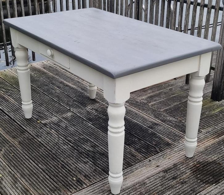 Grenen tafel handgemaakt wit met grijs bovenblad, Huis en Inrichting, Tafels | Eettafels, Gebruikt, 100 tot 150 cm, 100 tot 150 cm