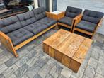 Rubuuste ruime steigerhouten tuinset, incl kussens, Ophalen, 5 zitplaatsen, Gebruikt, Steigerhout