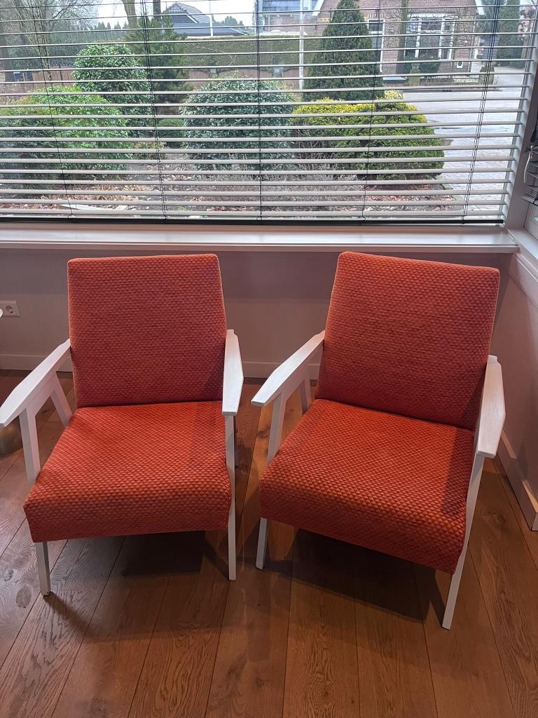 Vintage oranje fauteuils, Huis en Inrichting, Fauteuils, Zo goed als nieuw, Hout, Stof, 50 tot 75 cm, Minder dan 75 cm, Ophalen