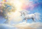 Witte Eenhoorn fotobehang In de wolken - Unicorn vliesbehang, Verzenden, Nieuw, Wanddecoratie