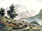 Berglandschap - Gemengde techniek, Ingelijst, Ophalen of Verzenden