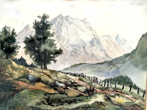 Berglandschap - Gemengde techniek, Ingelijst, Antiek en Kunst, Kunst | Schilderijen | Klassiek, Ophalen of Verzenden