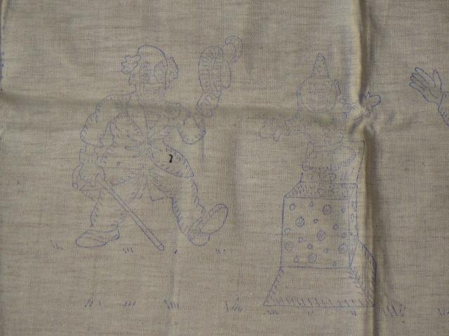 Vintage voorgedrukt borduurpatroon op linnen met clowns, Hobby en Vrije tijd, Borduren en Borduurmachines, Nieuw, Overige typen