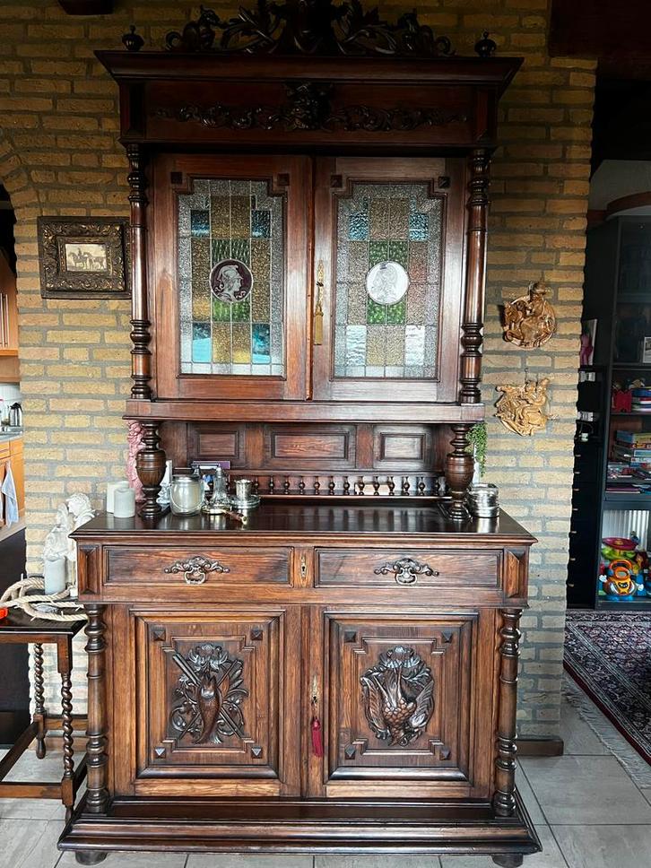 Antieke Jachtkast met Glas in Lood & Gewei, Antiek en Kunst, Antiek | Meubels | Kasten, Ophalen