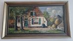 Schilderij olieverf op paneel boerderijen en hooimijt SCH38, Antiek en Kunst, Kunst | Schilderijen | Klassiek, Ophalen of Verzenden