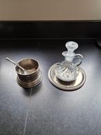 Tinnen suikerpot en glazen karaf op schotel vintage, Antiek en Kunst, Ophalen of Verzenden