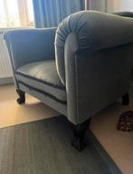 Lichtblauwe Velours Fauteuil met Leeuwenpoten, Ophalen, Zo goed als nieuw, Stof, 75 tot 100 cm