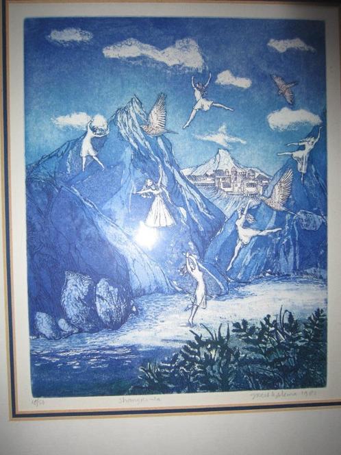 Greet LYKEMA, Kleurrijke ets Dansende dames SANGRIDA, Antiek en Kunst, Kunst | Etsen en Gravures, Ophalen