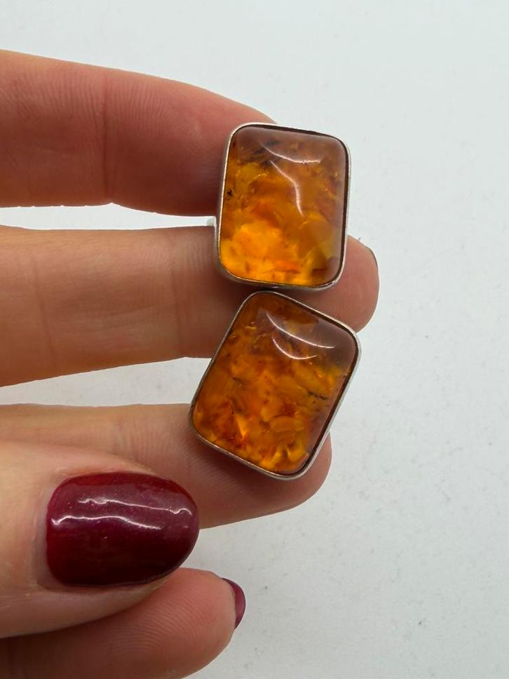 A719 Prachtige zilveren manchetknopen barnsteen, Sieraden, Tassen en Uiterlijk, Antieke sieraden, Manchetknopen, Zilver, Met edelsteen