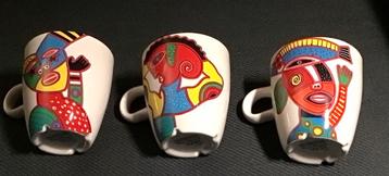 D E / Mosa koffiekopjes met kunstafbeelding 3 voor 5,00 beschikbaar voor biedingen