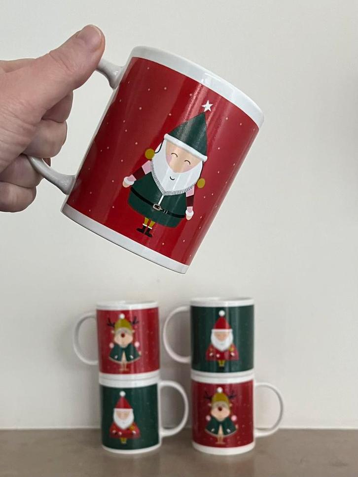 5x mok kerstbeker met oor kerstman rendier rood groen groot, Diversen, Kerst, Zo goed als nieuw, Ophalen