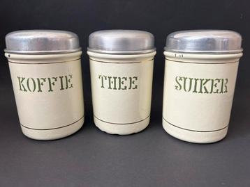 Creme / Wit Emaille Koffie, Thee & Suiker Voorraadbussen beschikbaar voor biedingen