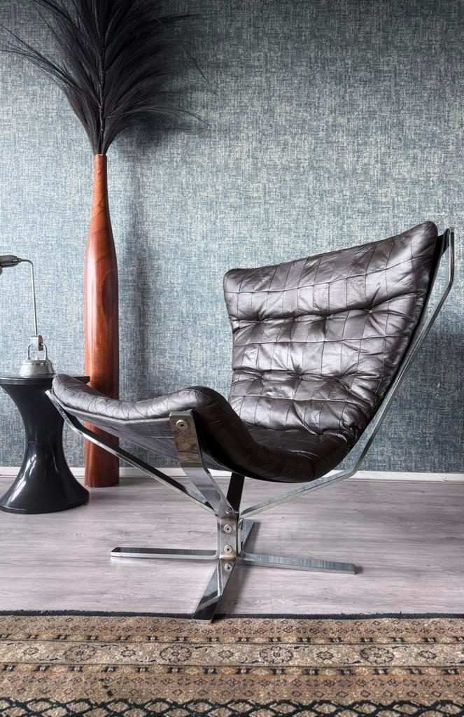 Vintage Falcon chair by Sigurd Ressell,ca70s, Huis en Inrichting, Fauteuils, Gebruikt, Leer, Metaal, 75 tot 100 cm, Ophalen