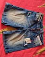 Dames korte spijkerbroek met verfspatten., Blauw, Ophalen of Verzenden, W28 - W29 (confectie 36), Onbekend