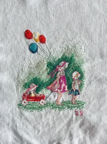 Borduurwerk, zijde, ballon, kind, zomer, vintage  beschikbaar voor biedingen