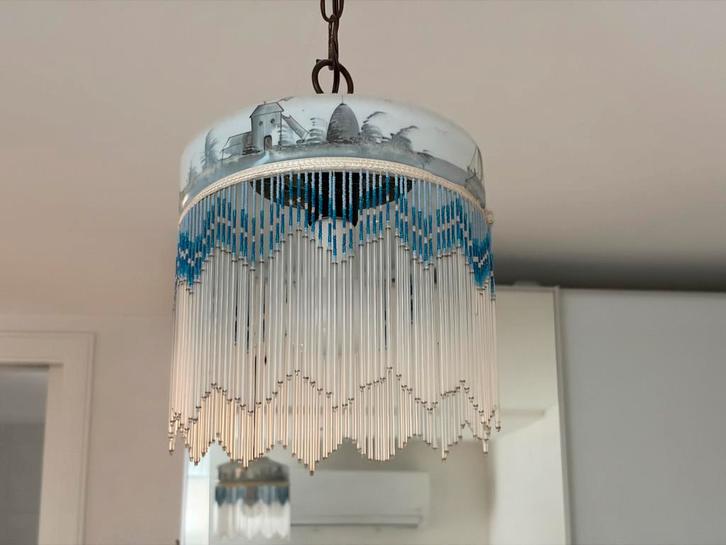 Antieke Kralen Lamp met Stilleven, Huis en Inrichting, Lampen | Hanglampen, Gebruikt, Minder dan 50 cm, Glas, Ophalen