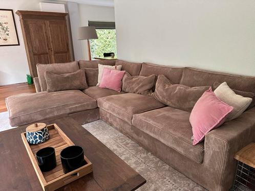 3 zits hoekbank - ribstof; kleur bruin / taupe, Huis en Inrichting, Banken | Complete zithoeken, Zo goed als nieuw, Ophalen