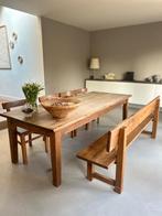 Eetkamerset: Eiken tafel, bank en teakhouten stoelen, Ophalen, Gebruikt, 100 tot 150 cm, Landelijk