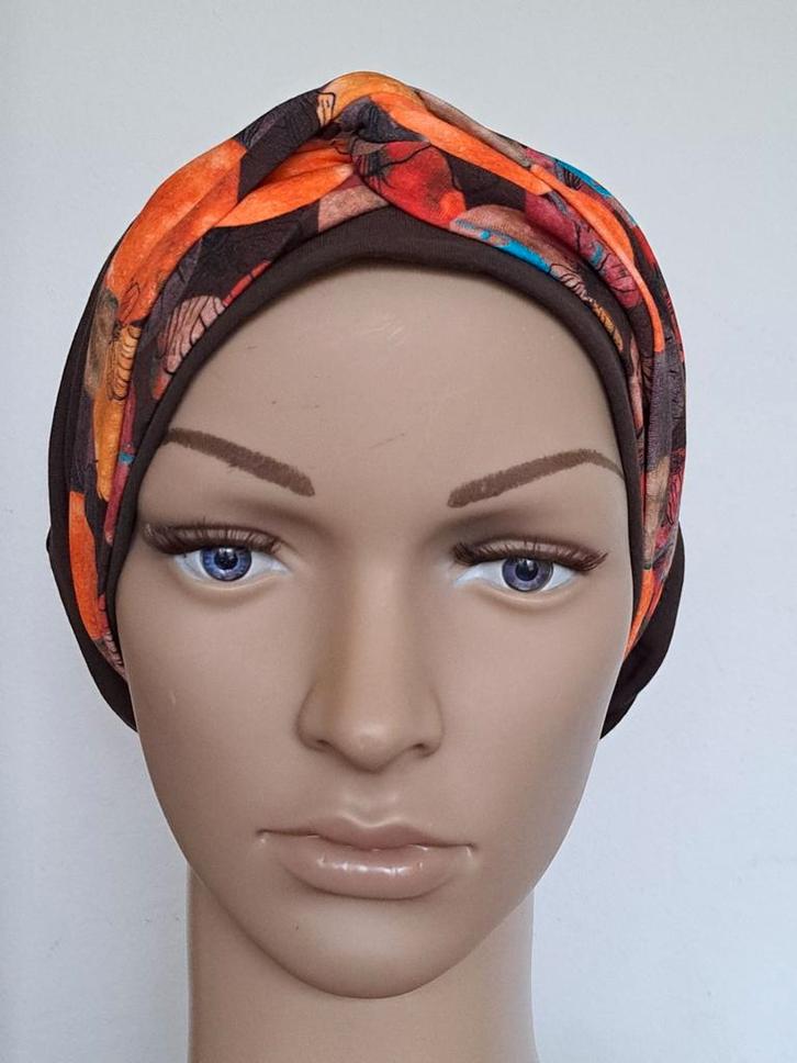 Chemo/haarverlies tricot muts met sjaal no 55 A. Donkerbruin, Kleding | Dames, Mutsen, Sjaals en Handschoenen, Nieuw, Muts, Maat 42/44 (L)