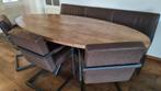 Industriële eettafelset – ovale tafel, 3 stoelen + eetbank, Huis en Inrichting, Ophalen, Zo goed als nieuw, Ovaal, 200 cm of meer