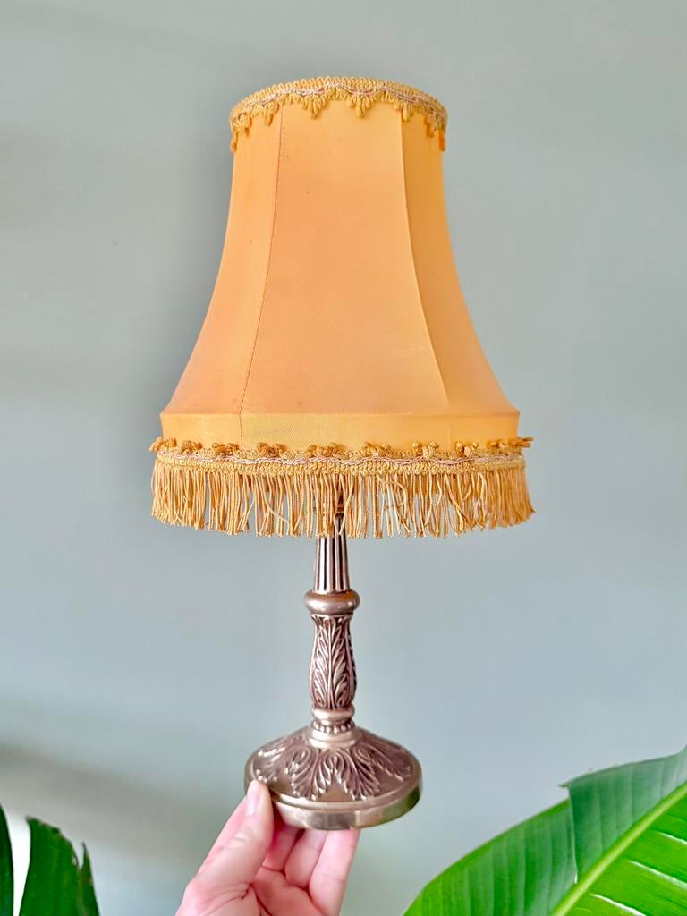 Vintage messing tafellamp franje lapenkap, Huis en Inrichting, Lampen | Tafellampen, Gebruikt, Ophalen of Verzenden