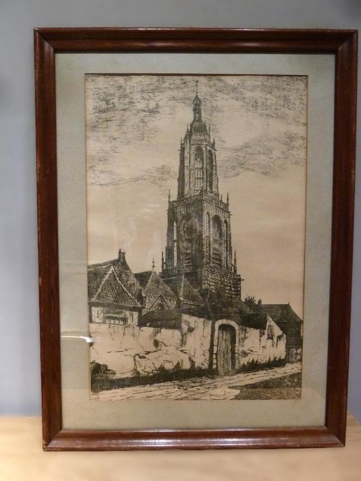 Pentekening van de Cunerakerk in Rhenen, Antiek en Kunst, Kunst | Etsen en Gravures, Ophalen