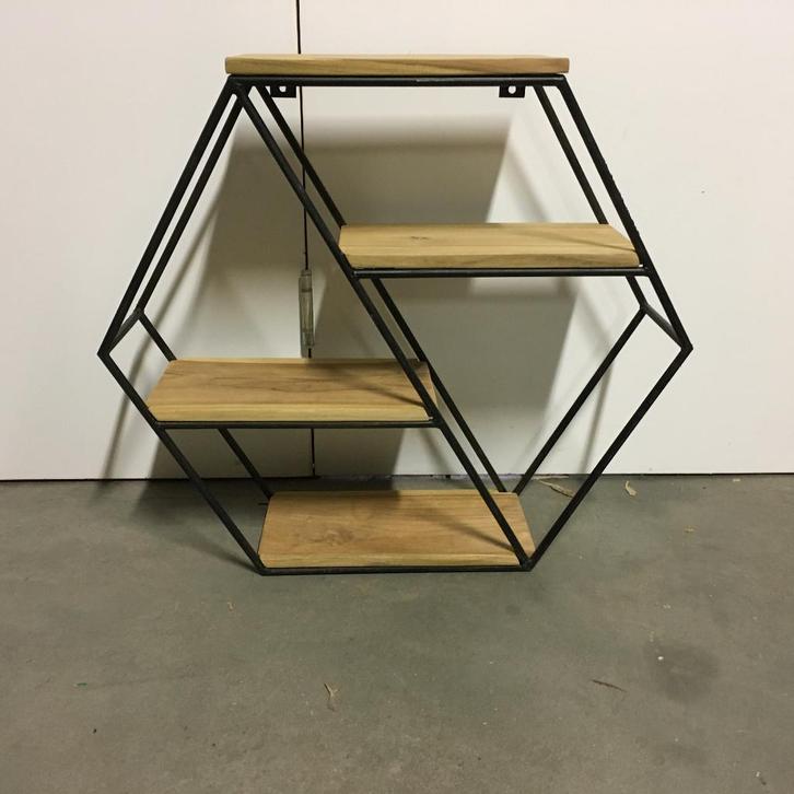 Stoere wandplank met zwart metaal / teak – TTM Wonen, Huis en Inrichting, Woonaccessoires | Wandplanken en Boekenplanken, Nieuw