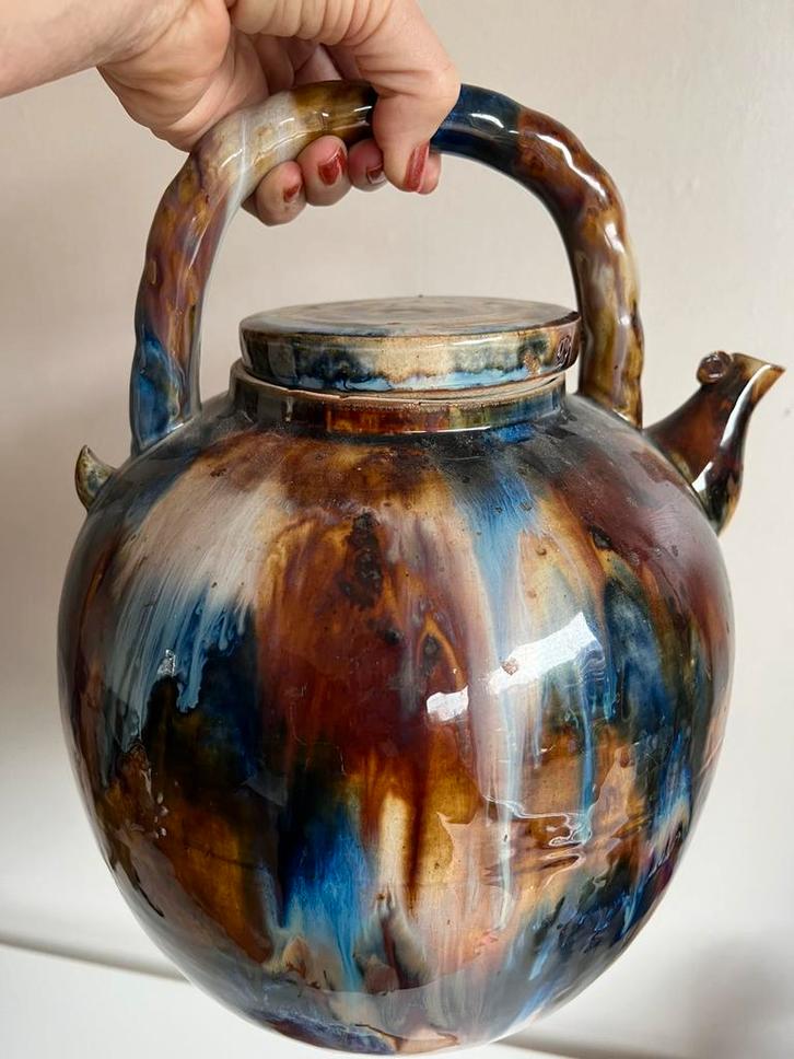 Vintage XXL Waterkan Theepot Blauw Bruin Druipglazuur ‘30/40, Antiek en Kunst, Antiek | Keramiek en Aardewerk, Ophalen