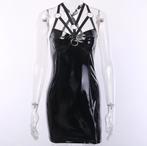 Zwarte wetlook jurk met banden gothic kort lak leer 34 36 38, Verzenden, Nieuw, Zwart, Boven de knie