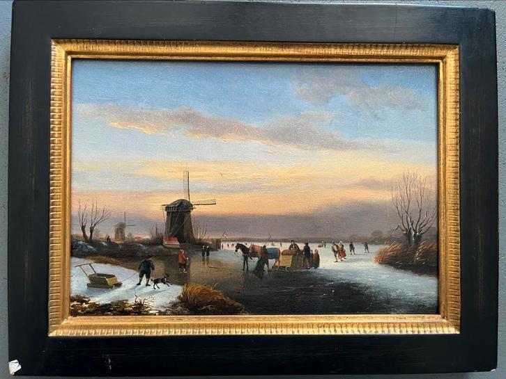 oud antiek schilderij winter gezicht schaatsen olieverf, Antiek en Kunst, Kunst | Schilderijen | Klassiek, Ophalen of Verzenden