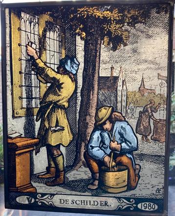 Glas in lood De Schilder 1980 gemerkt AF raamhanger beschikbaar voor biedingen