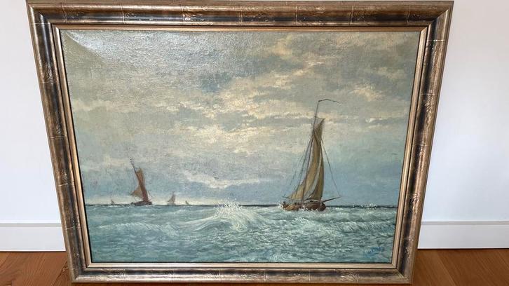 Olieverf Schilderij: Zeilboten op Zee, Antiek en Kunst, Kunst | Schilderijen | Klassiek, Ophalen of Verzenden