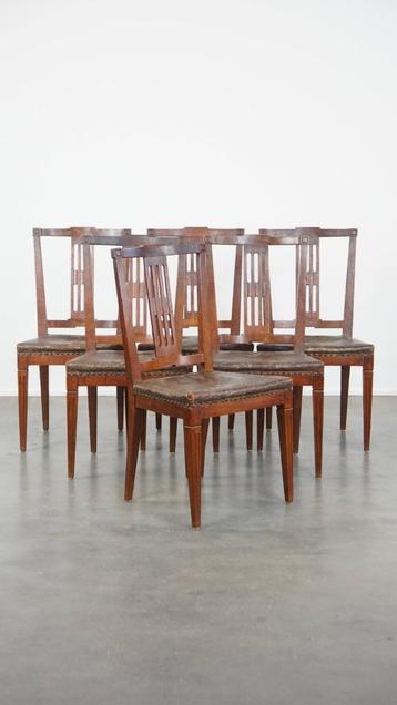Set van 6 originele antieke Hollandse leren eetkamerstoelen beschikbaar voor biedingen